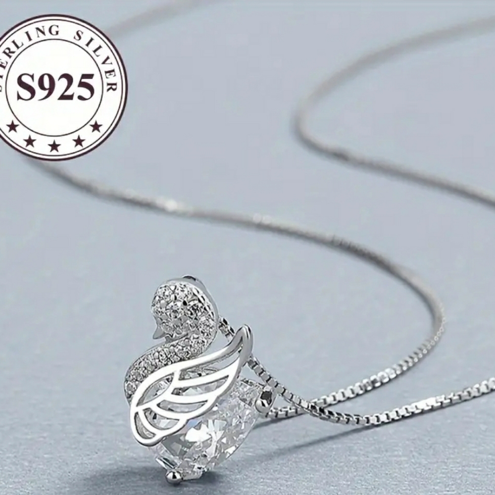 New S925 And Moissianite Lab Cut Diamond Accent Silver Swan Necklace - Picture 2 of 5